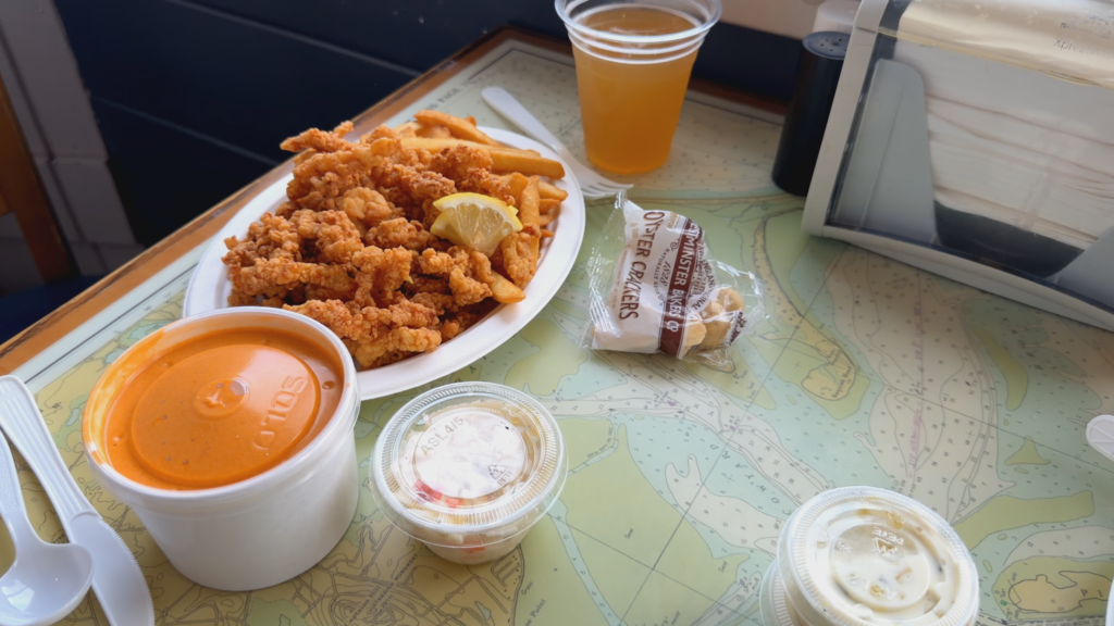 Fried Clam strips, with lobster bisque and a beer